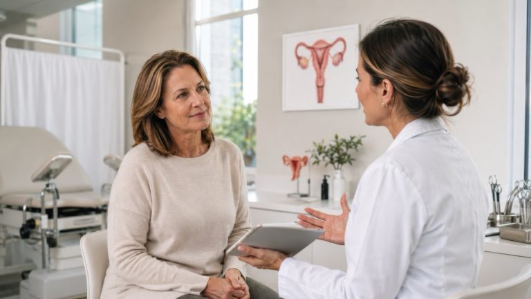 A patient discussing hormone therapy and menopause care options with a doctor in a women's health clinic.