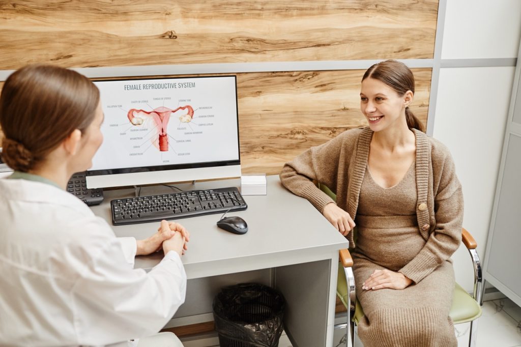 A patient discussing fertility evaluation and reproductive care with a doctor in a women's health clinic.