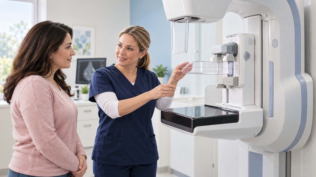 Mammography technologist explaining a modern 3D mammography machine to an adult patient.