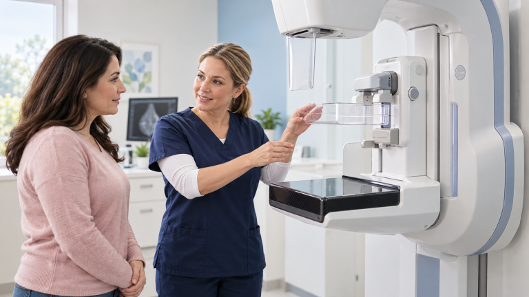Mammography technologist explaining a modern 3D mammography machine to an adult patient.