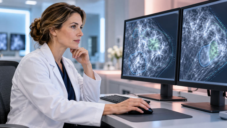 Physician explaining mammogram findings and follow-up imaging options to a patient during a private consultation.