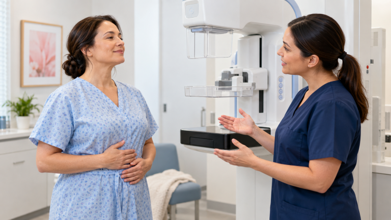 Technologist explaining 3D mammography and automated breast ultrasound equipment to a patient.