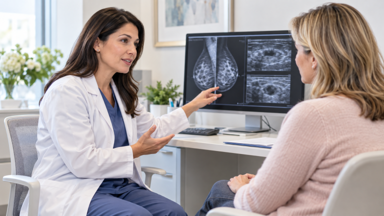 Radiologist using AI-assisted technology to review mammogram images on diagnostic monitors.