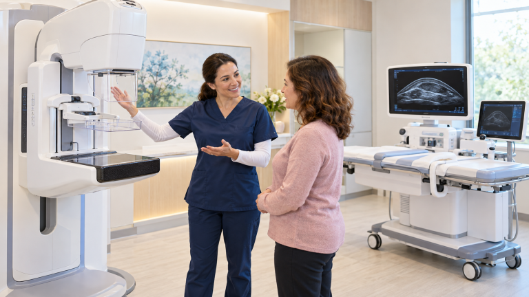 Physician discussing breast density and supplemental screening options with a patient beside mammography and ultrasound equipment.