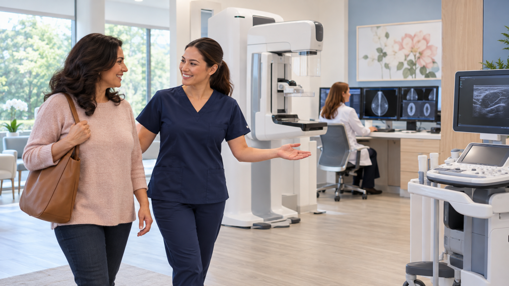 Woman arriving for a scheduled mammogram and being welcomed by a technologist in a breast imaging clinic.