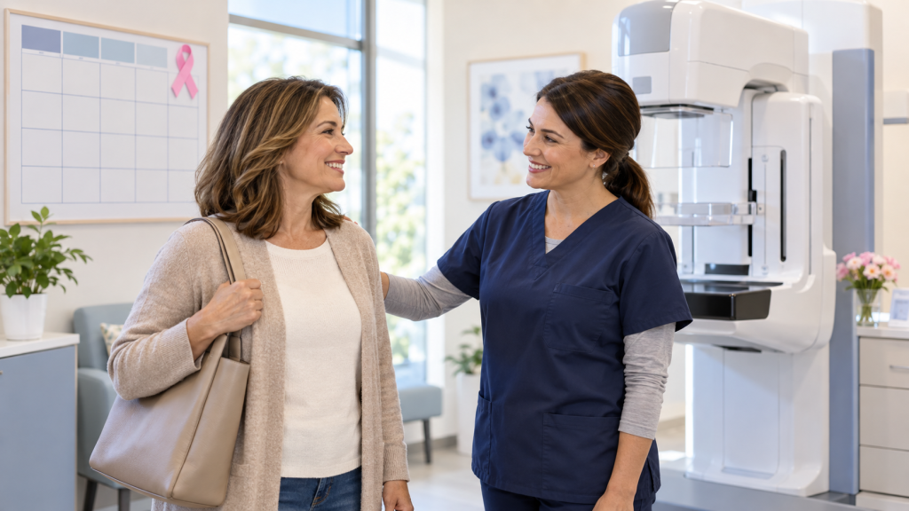 Patient practicing relaxed breathing while a technologist explains how to prepare for a comfortable mammogram.