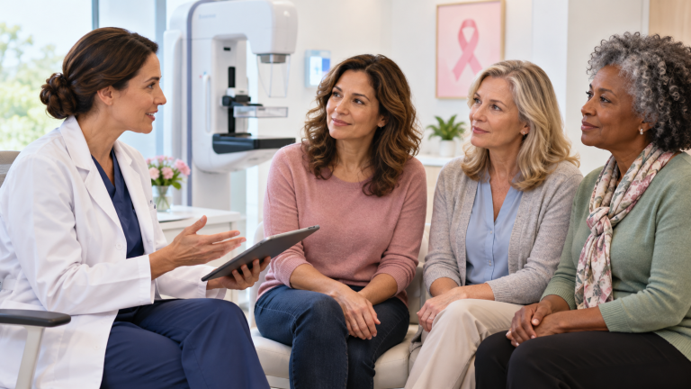 OB-GYN discussing personalized mammogram screening recommendations with three women of different ages.
