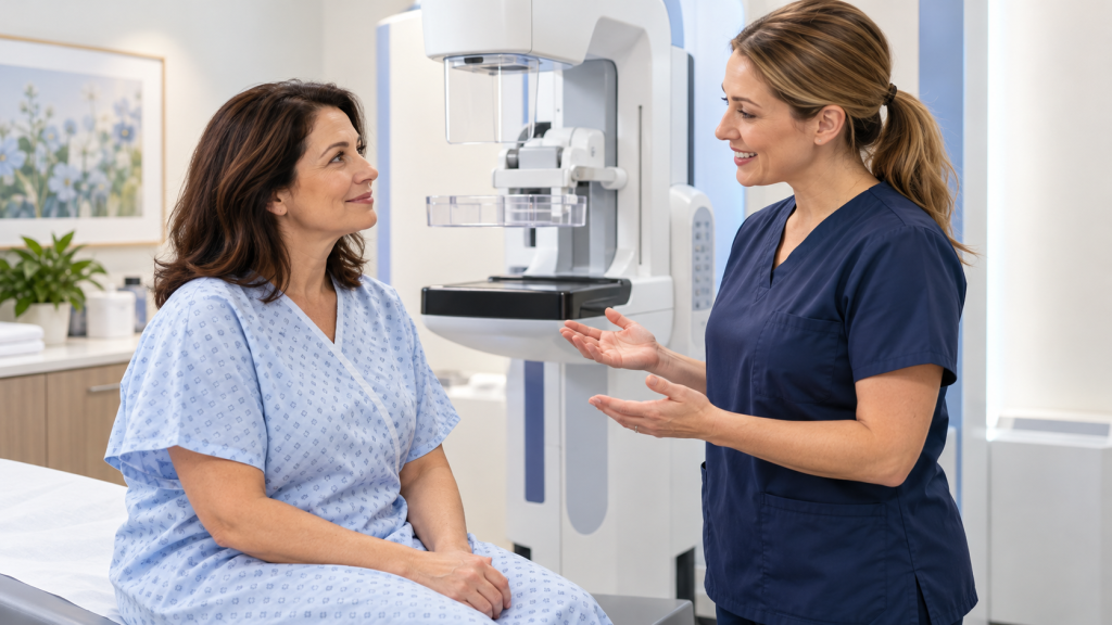 Mammography technologist reassuring a patient before her first mammogram in a modern imaging room.
